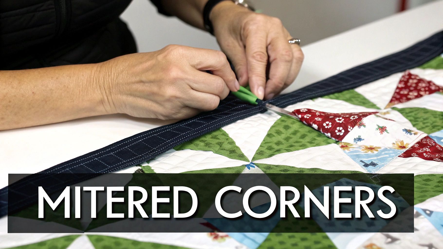 Close-up of hands working on a quilt binding with a tool and scissors, demonstrating mitered corners.