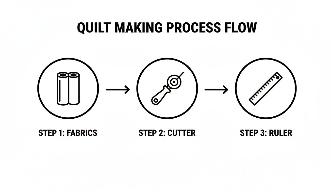 Flowchart illustrating the quilt making process, showing fabric rolls, a rotary cutter, and a ruler.