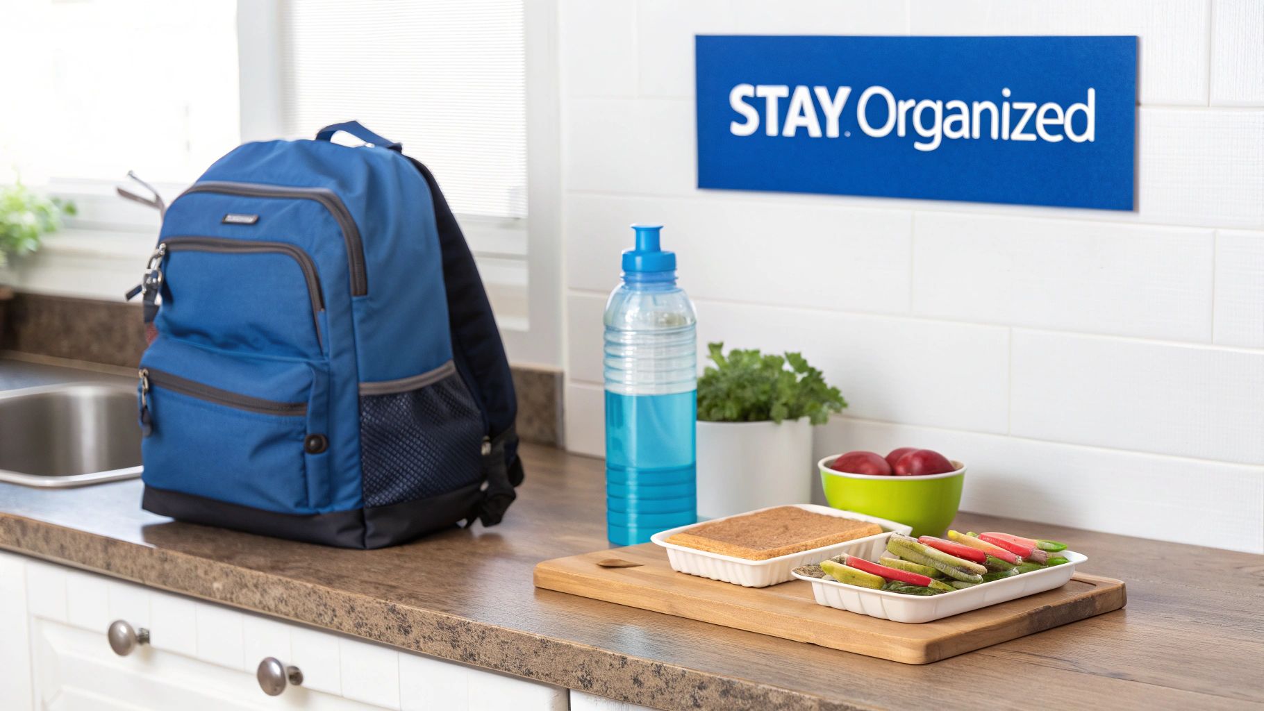 A blue backpack, water bottle, fruit, and packed lunch containers on a kitchen counter, promoting organization.