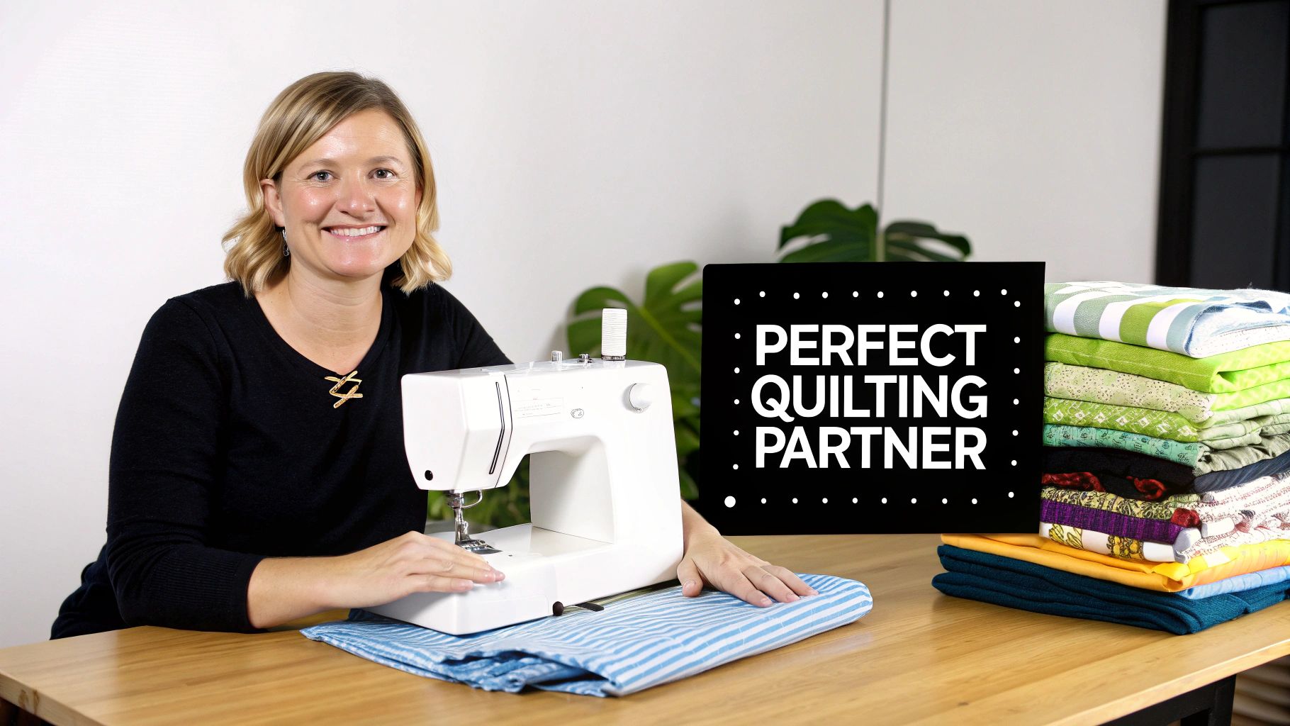 A modern sewing machine set up for a quilting project, with colorful fabric under the needle.