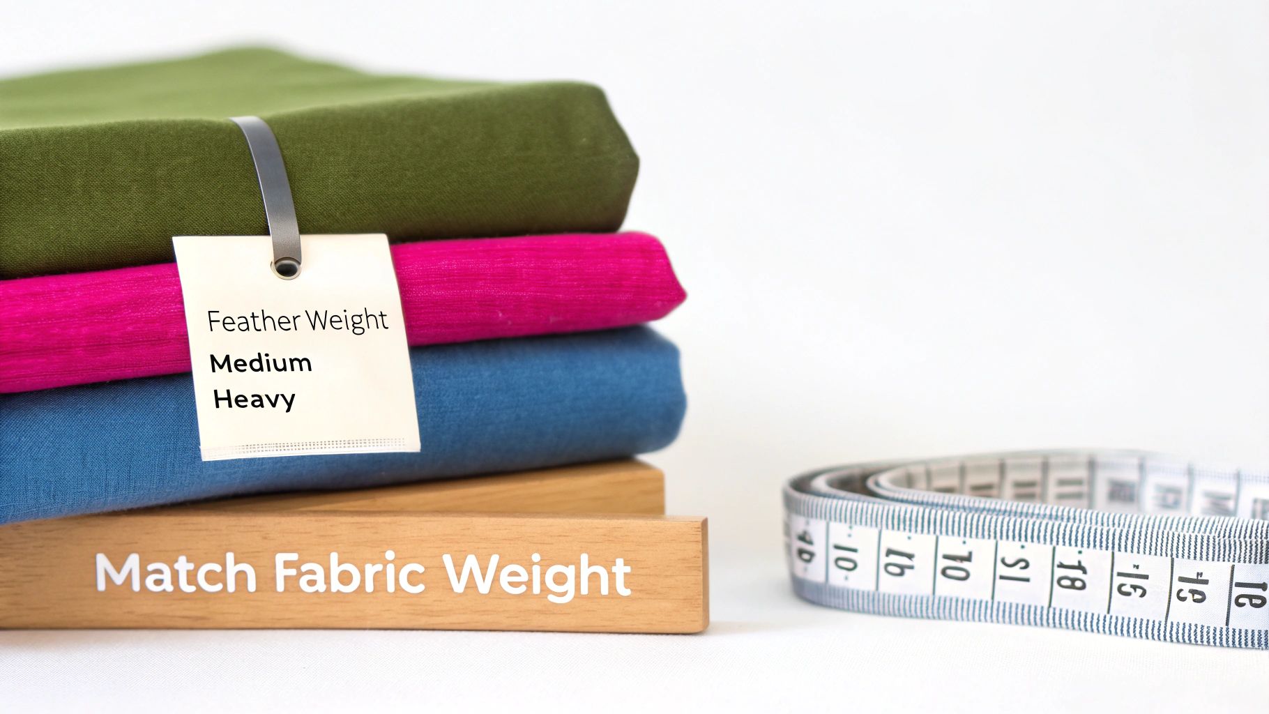 A person's hands holding up a bolt of white interfacing against a colorful fabric backdrop.