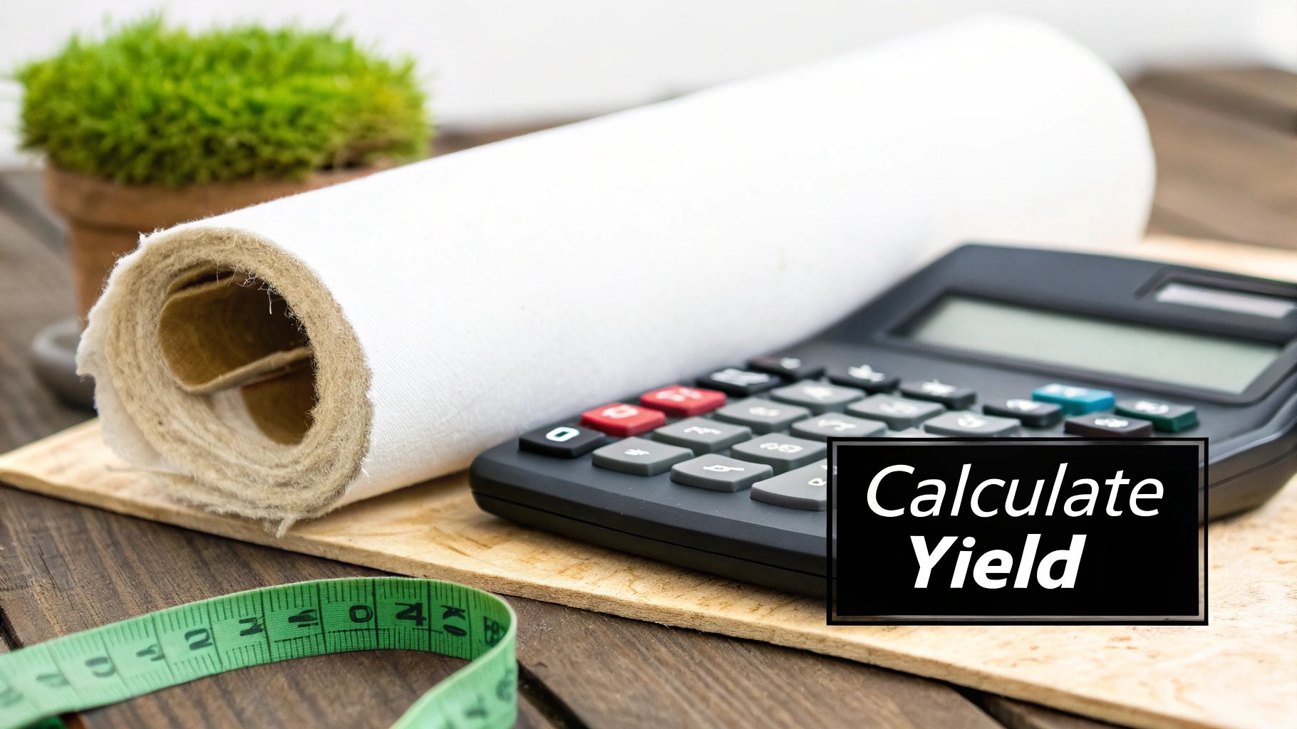 A roll of white fabric batting, a calculator, and a measuring tape with 'Calculate Yield' text.