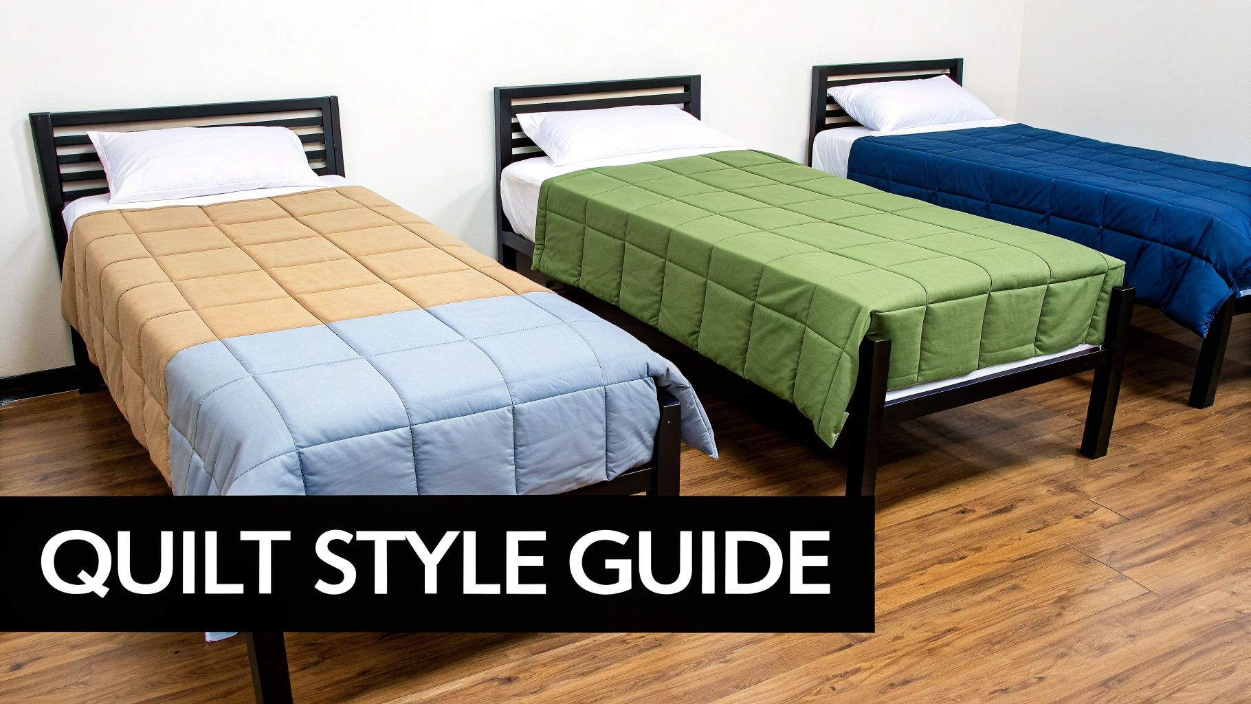 Three single beds in a row showcasing various quilt styles and colors, including beige, blue, green, and navy.