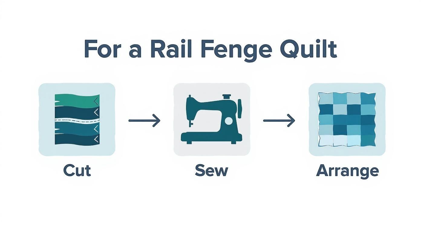 An infographic showing the process flow of a Rail Fence quilt, with icons for cutting fabric strips, sewing them together, and arranging the blocks.