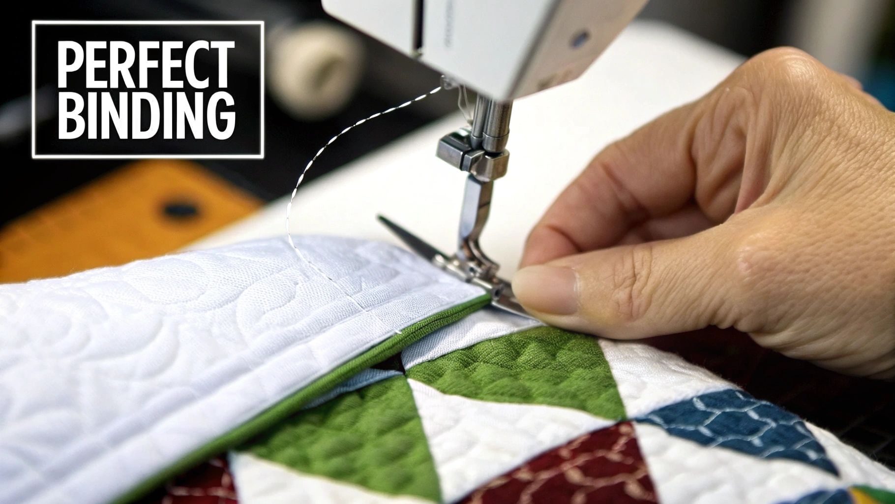 A close-up of a person's hands hand-stitching the binding onto the edge of a colorful quilt.