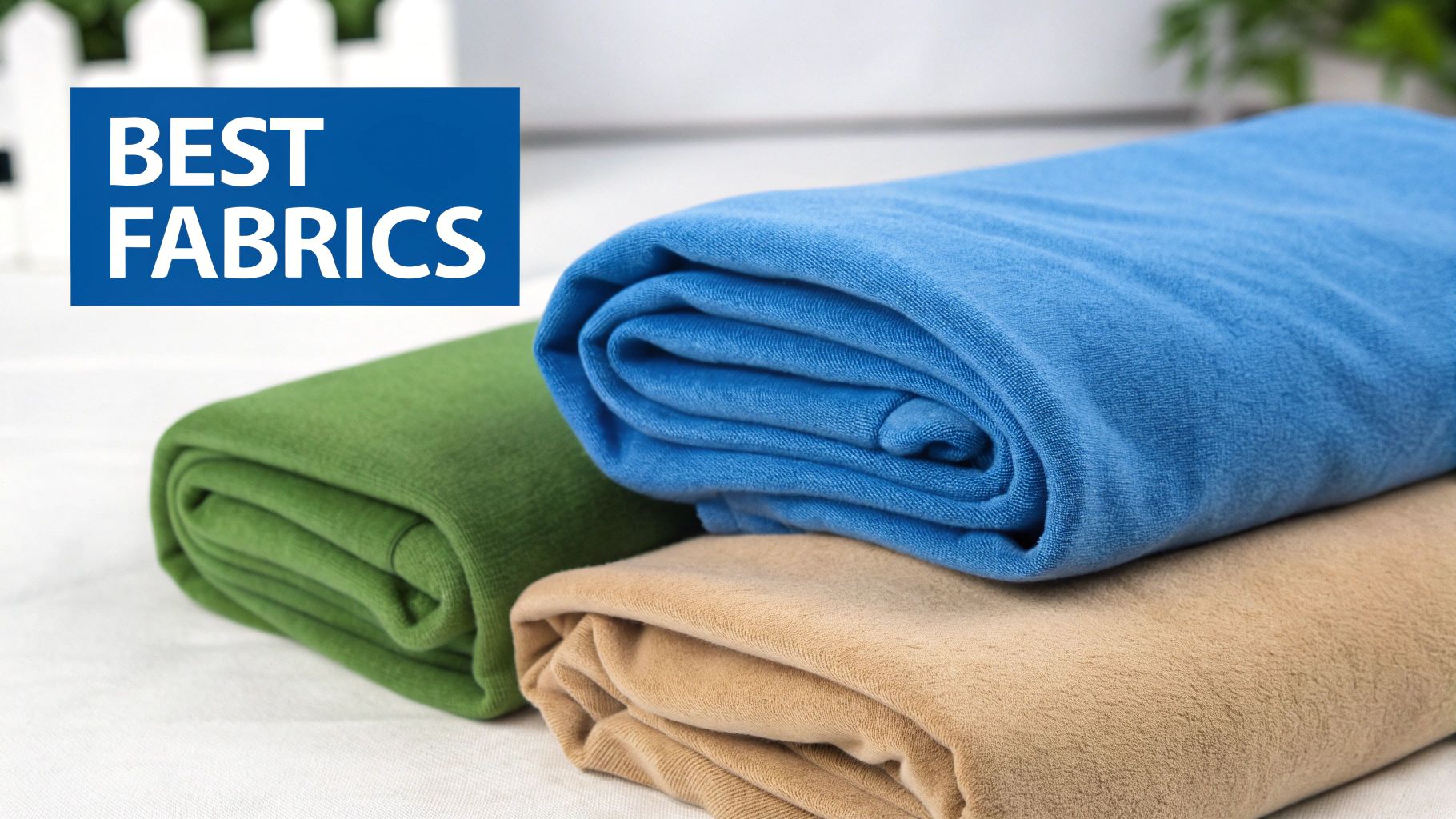 A stack of neatly rolled green, blue, and beige fabrics, with a 'BEST FABRICS' banner.