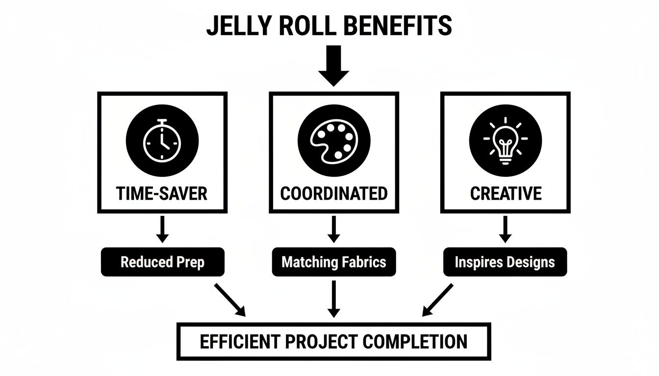 Flowchart detailing jelly roll benefits: time-saving, coordinated, and creative, leading to efficient project completion.