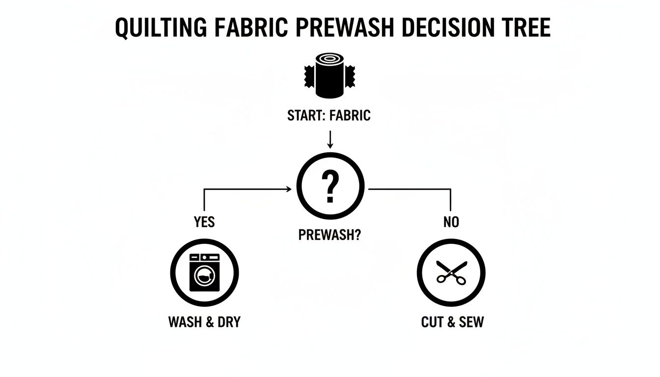 A quilting fabric prewash decision tree flowchart, guiding whether to wash or cut fabric first.