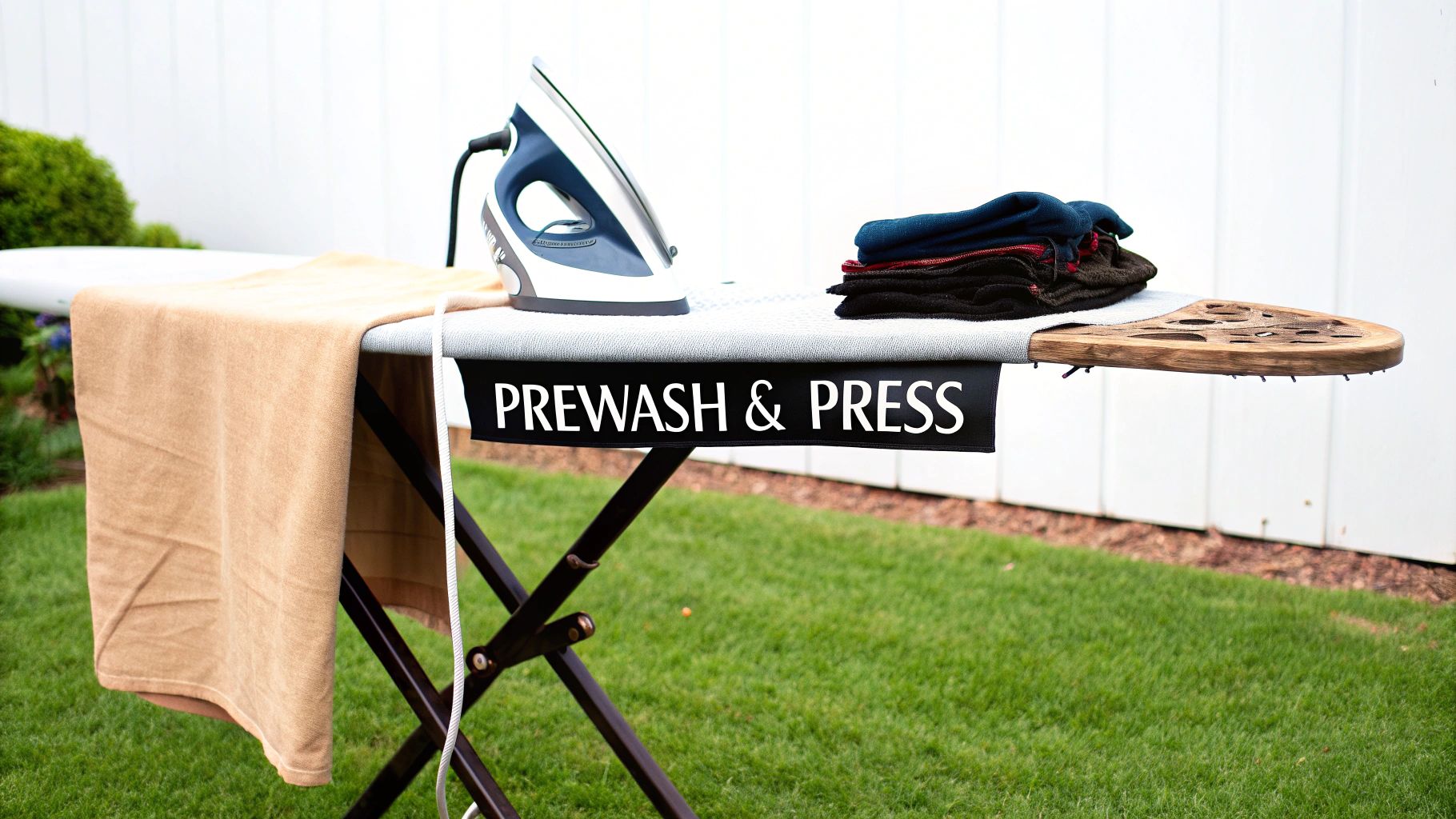 A quilter ironing a large piece of blue fabric on an ironing board.