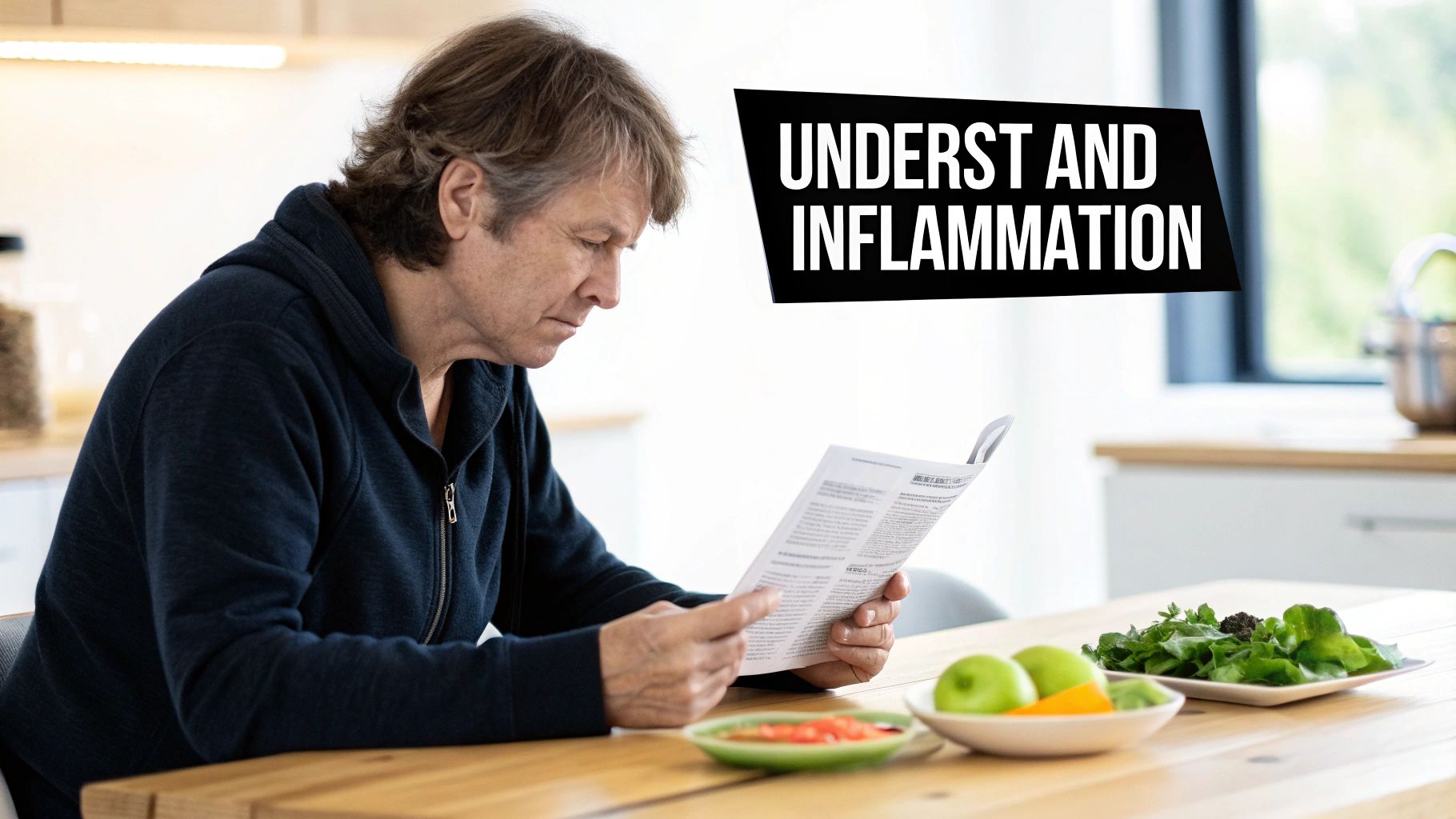 A person reads about inflammation at a table with fresh fruits and a green salad, promoting healthy living.