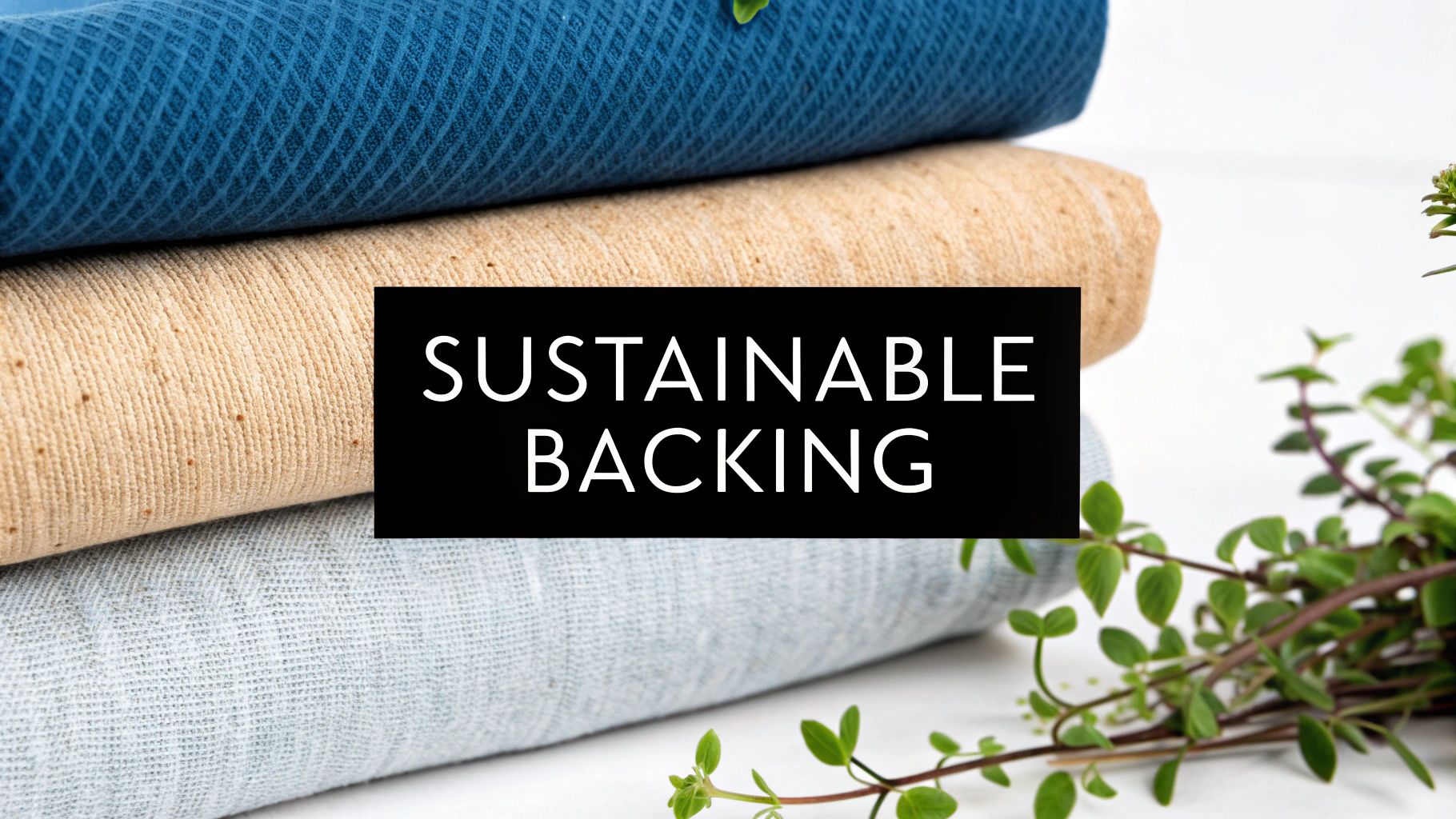 A stack of blue, tan, and light blue rolled fabrics with a green plant and text 'SUSTAINABLE BACKING'.