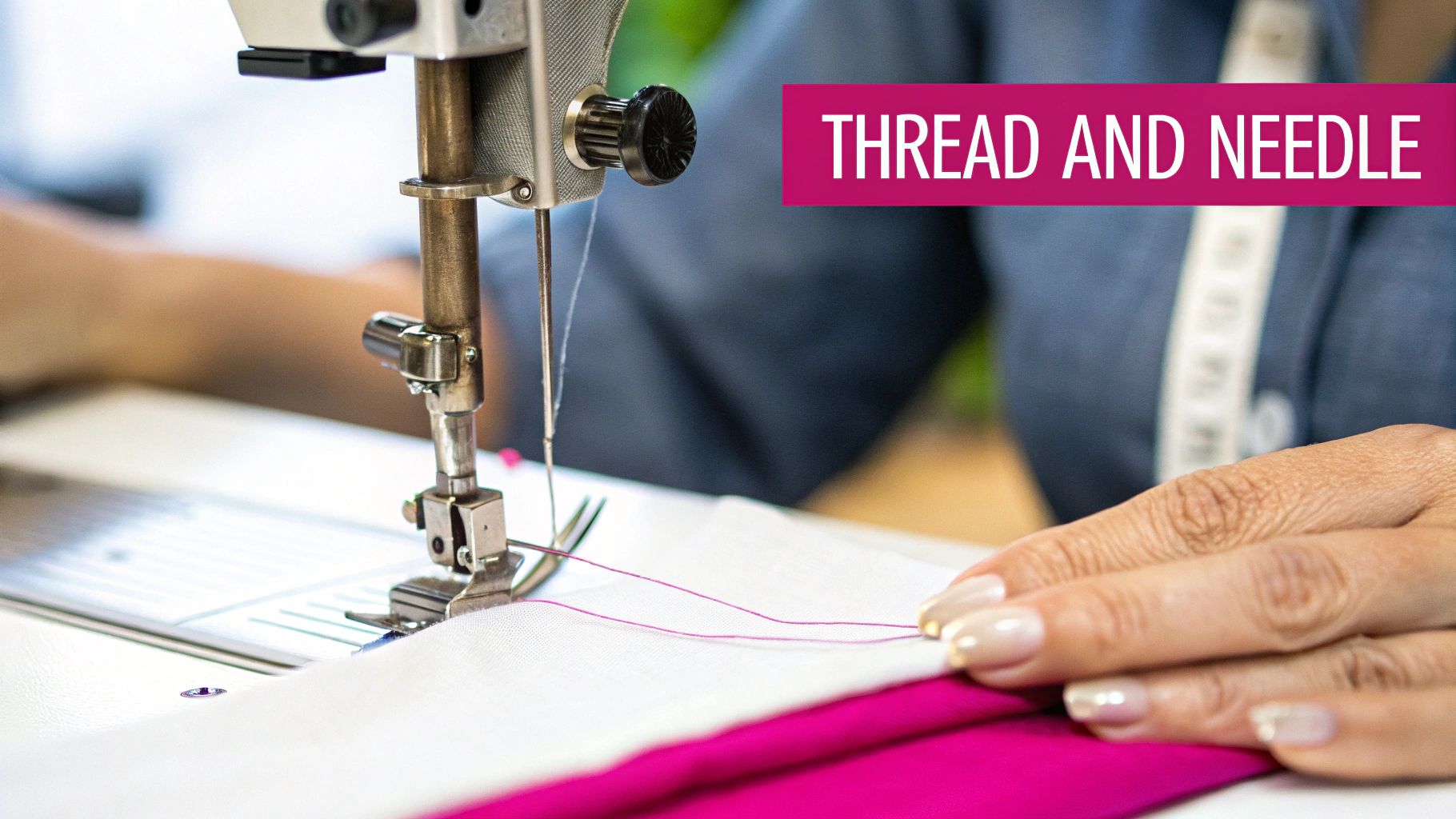 A person's hands guide pink fabric and thread through a sewing machine for embroidery, with text overlay.