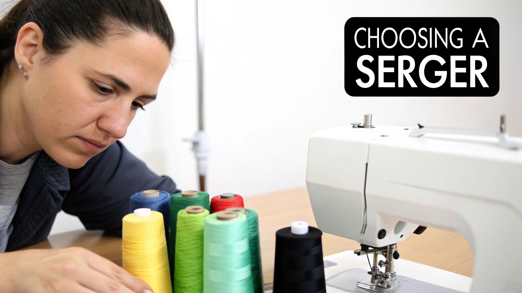 A close-up of a serger machine showing the needles and thread.