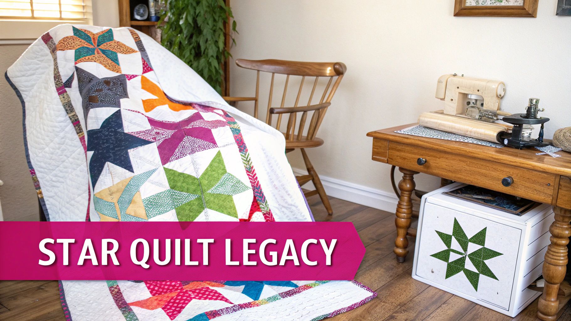 A beautiful quilt featuring a prominent star block design, showcasing vibrant colors and intricate piecing.