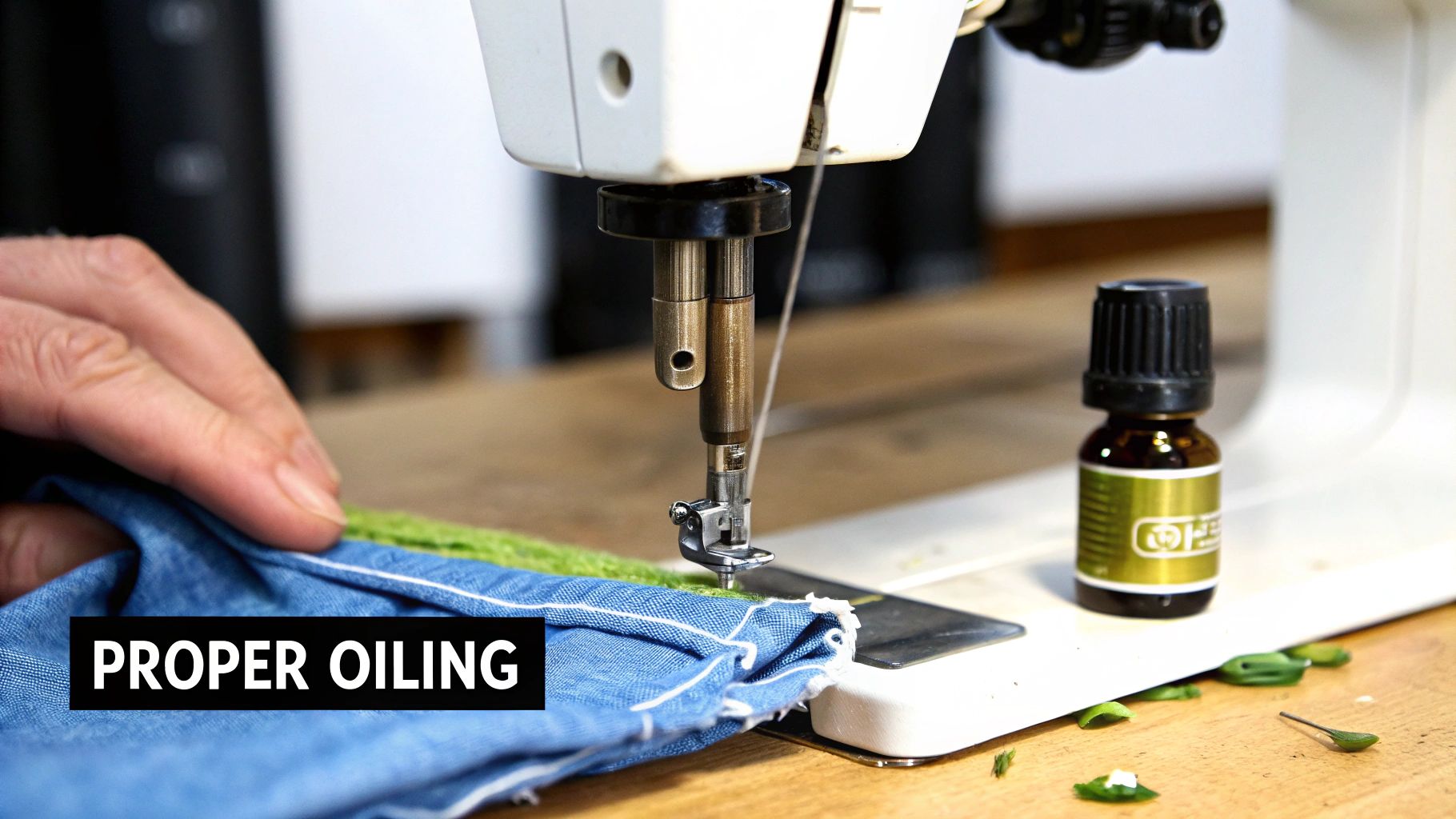 A close-up shot of a person using a precision oiler to apply a single drop of oil to a sewing machine's internal mechanism.