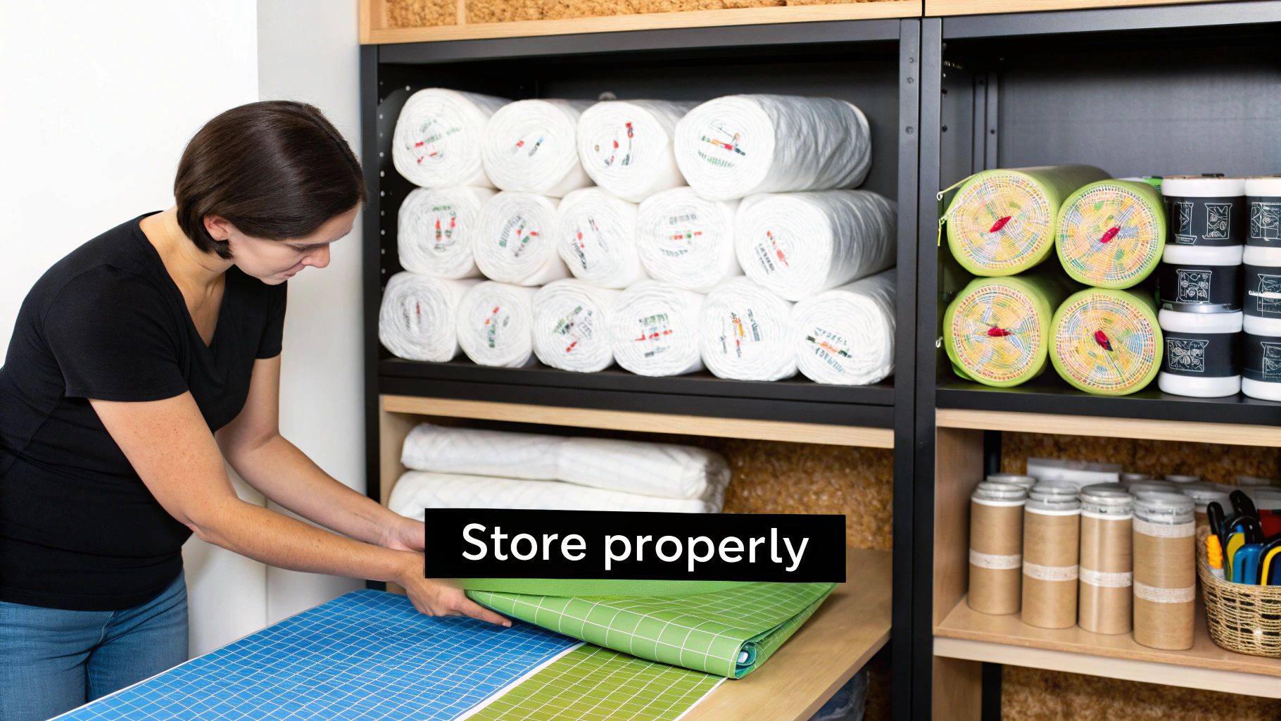 A woman organizes craft supplies, placing a green mat on a table next to rolls of batting on shelves.