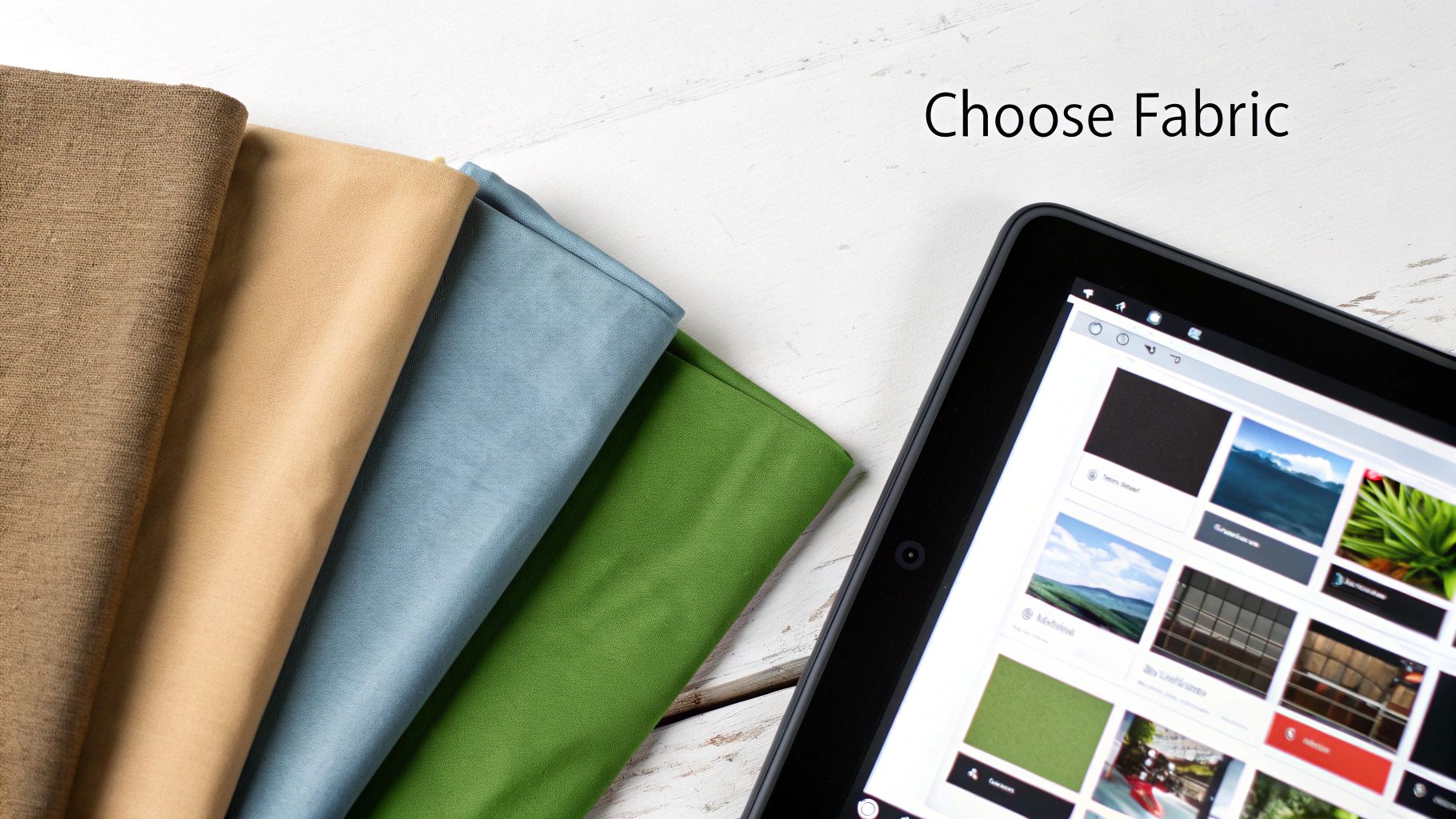 Colorful fabric samples next to a tablet displaying design options for fabric selection.