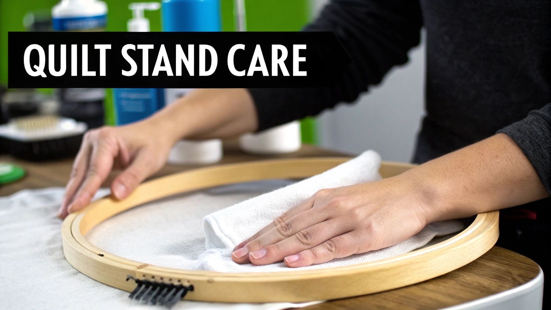 Close-up of hands cleaning a wooden quilting hoop with a white cloth, demonstrating quilt stand care.