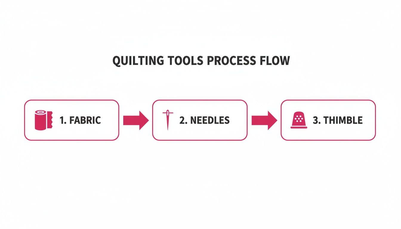 Visual guide to quilting tools, showing the sequence of fabric, needles, and thimble in a process flow.