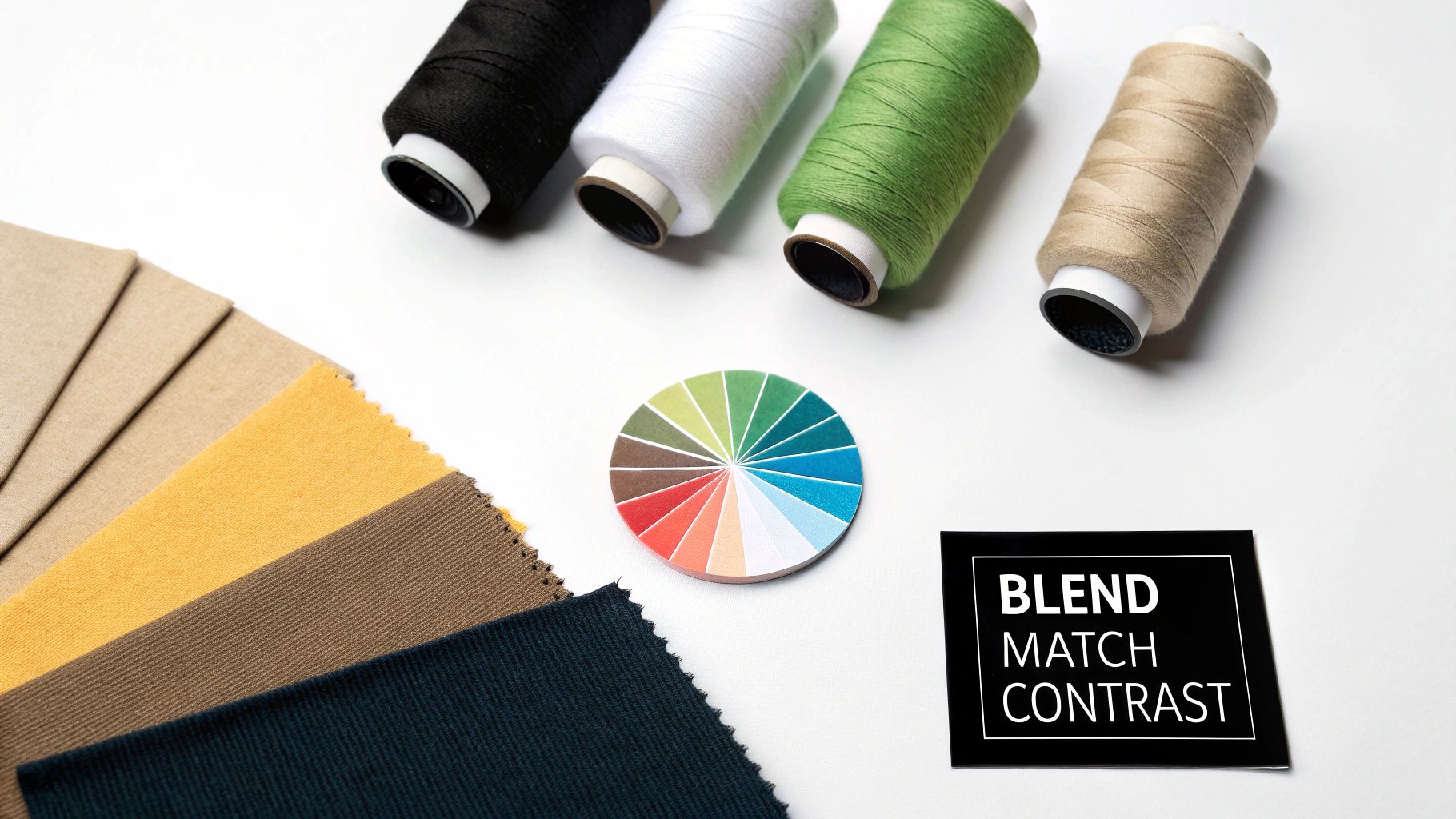 Various colored thread spools, fabric swatches, and a color wheel used for blending and contrasting.