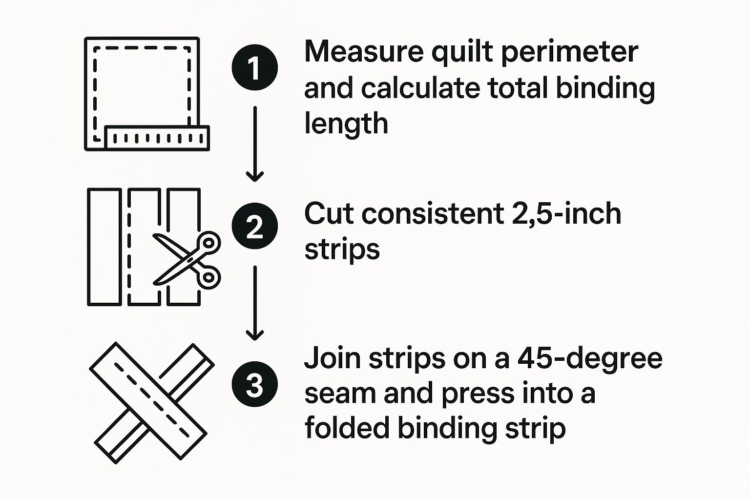 Infographic showing the three-step process for preparing quilt binding strips: measure, cut, and join.