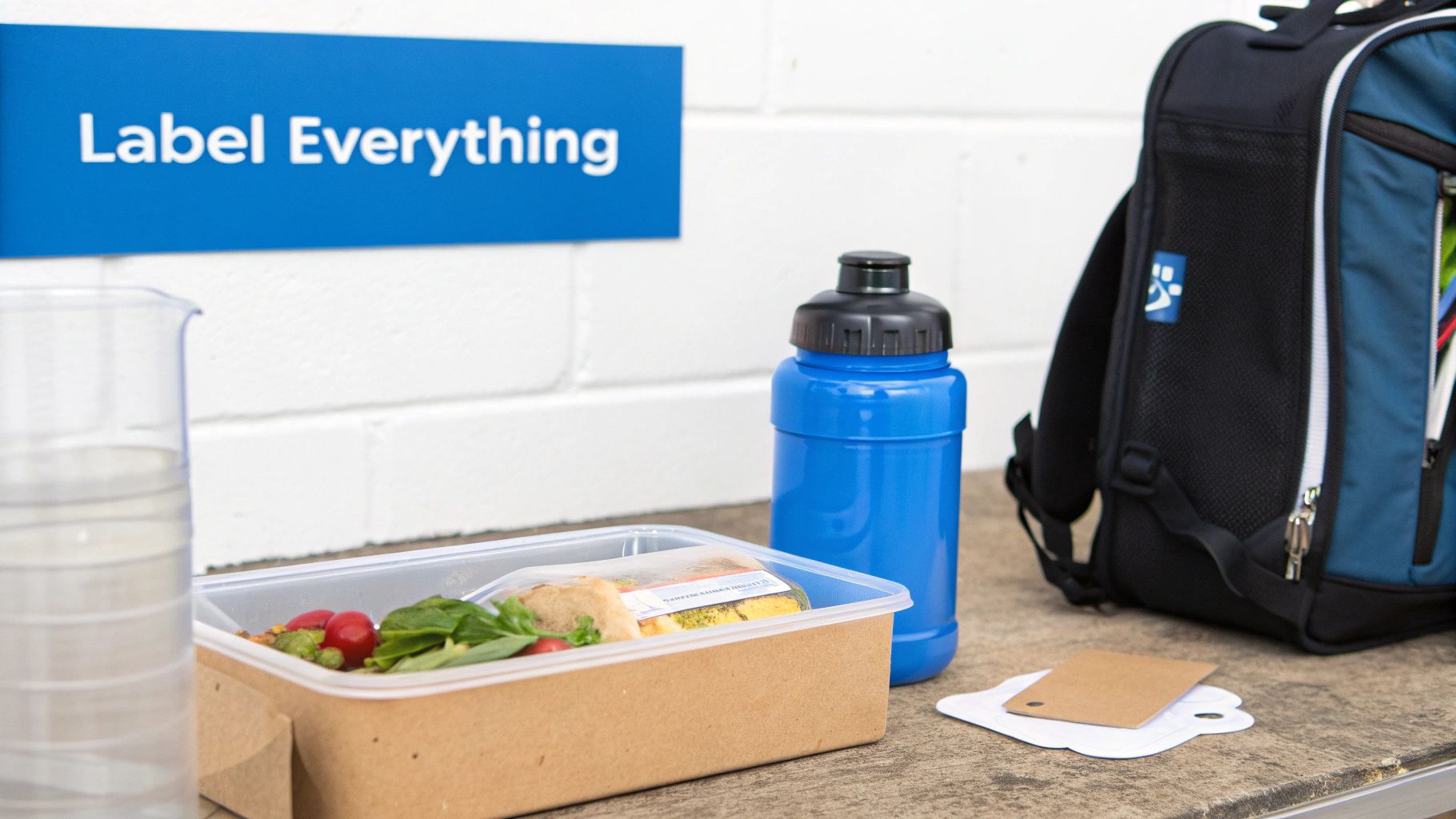 A blue "Label Everything" sign hangs above a packed lunchbox, blue water bottle, backpack, and blank labels.
