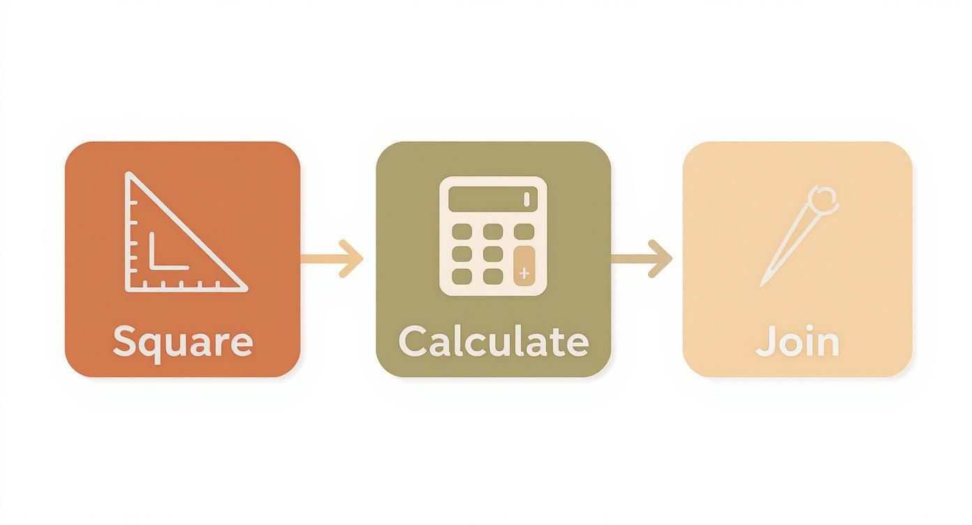 Three steps illustrated with icons: square (ruler), calculate (calculator), and join (pin).