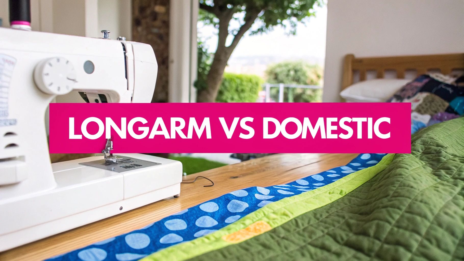 A domestic sewing machine on a wooden table next to a green quilted blanket, comparing longarm vs domestic quilting.