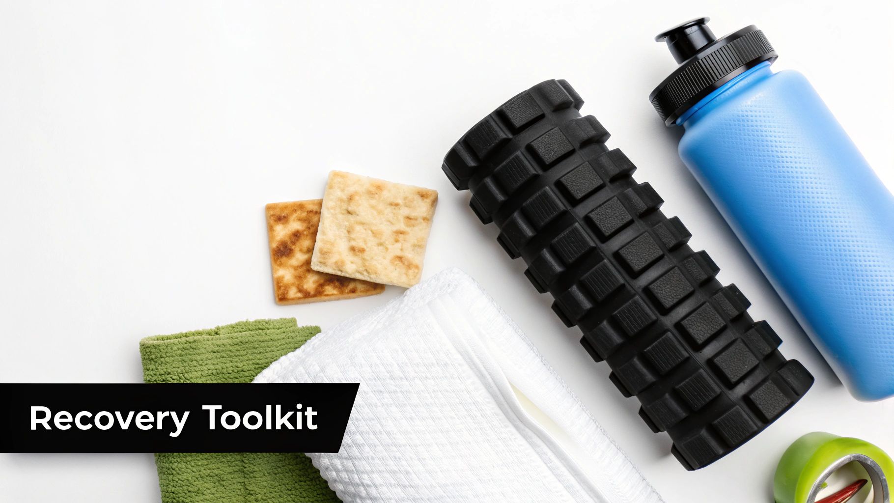 A flat lay of workout recovery items including a blue water bottle, foam roller, crackers, and towels.