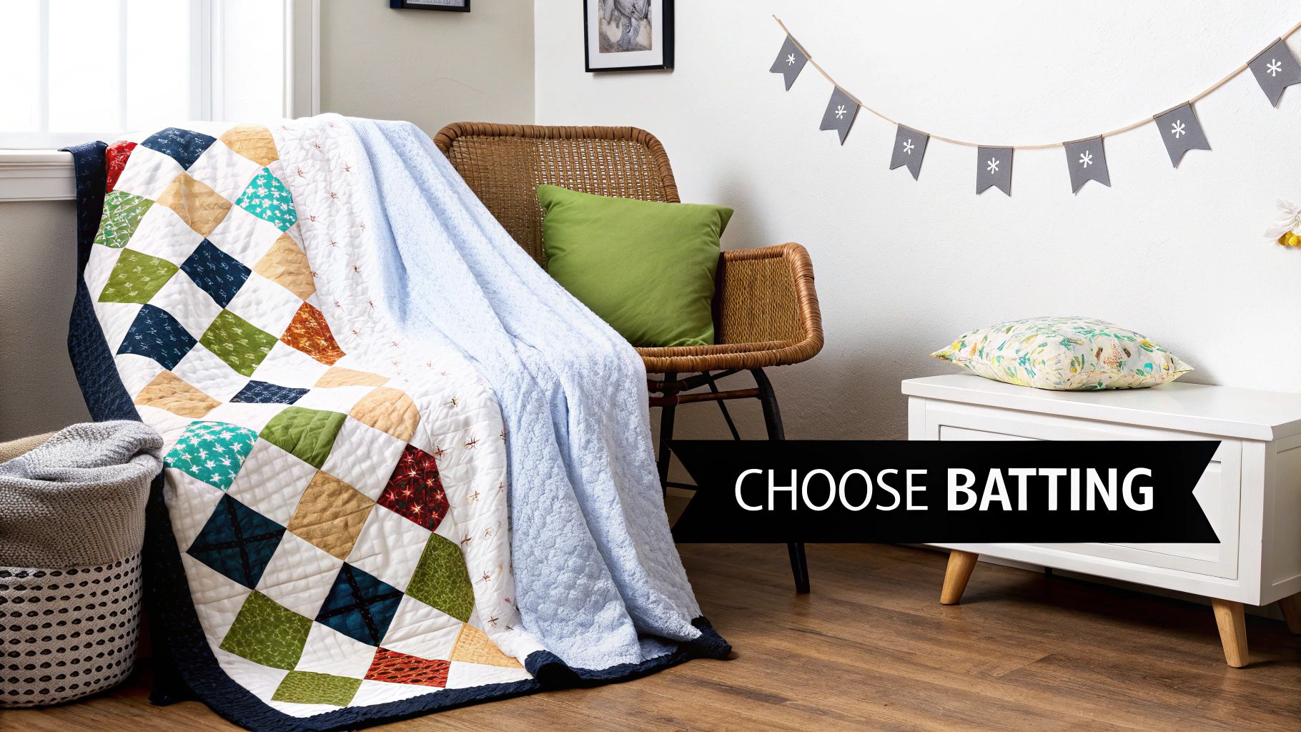 A colorful quilted blanket and a light blue blanket draped over a wicker chair in a cozy room.