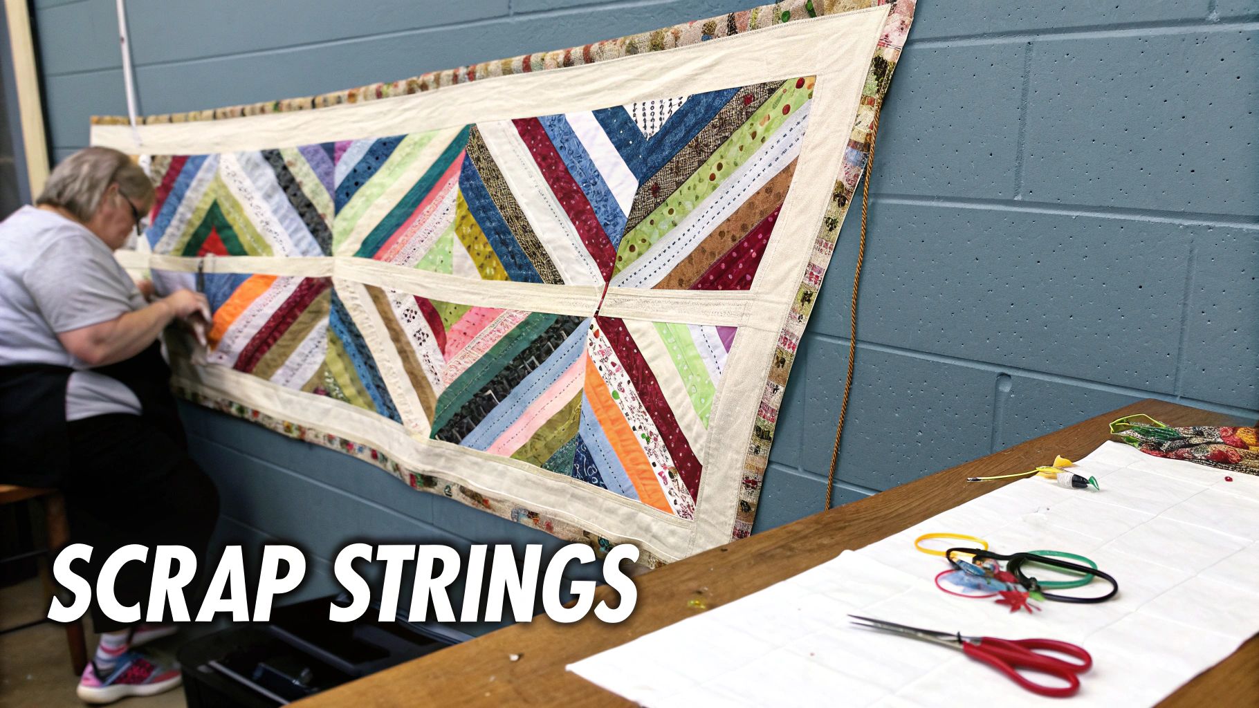 A person works on a large, colorful scrap string quilt hanging on a blue wall, with crafting supplies nearby.