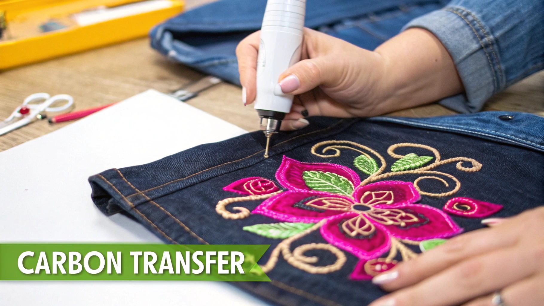 A person using dressmaker's carbon paper to trace an embroidery design onto dark fabric.