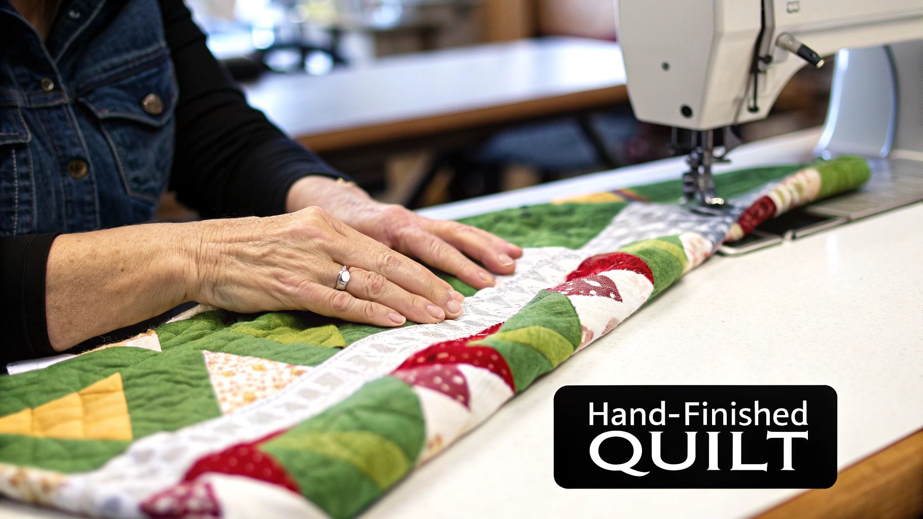 Close-up of hands guiding a colorful, patterned quilt through a sewing machine for finishing.