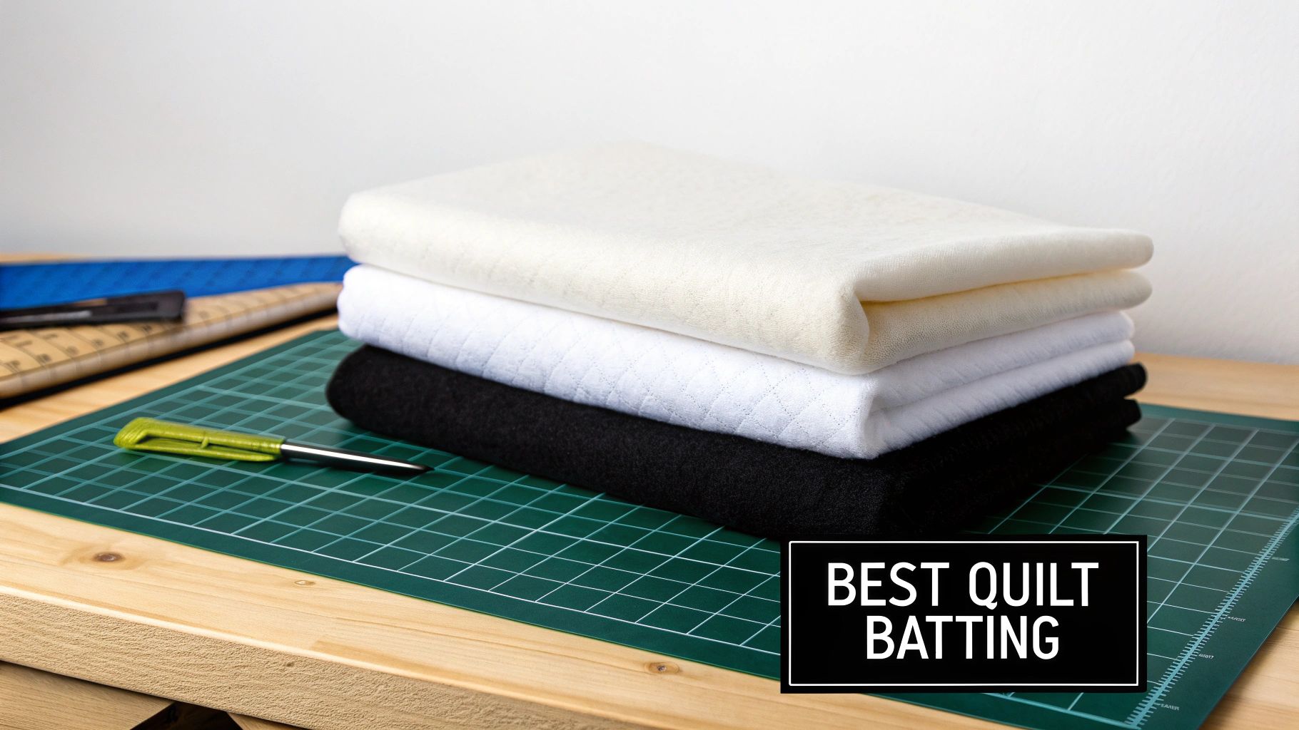 A stack of cream, white, and black quilt battings on a green cutting mat.