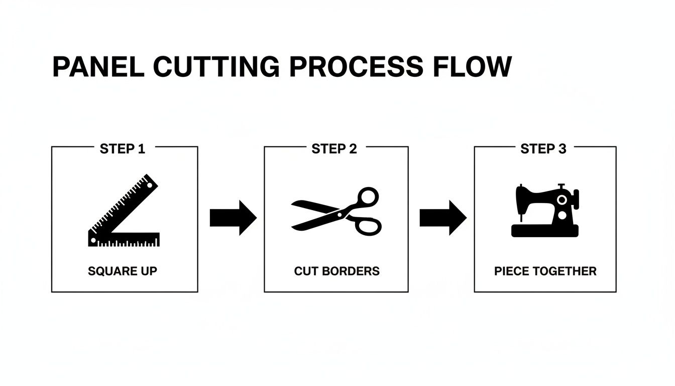 A flow chart illustrating a three-step panel cutting process: square up, cut borders, and piece together.