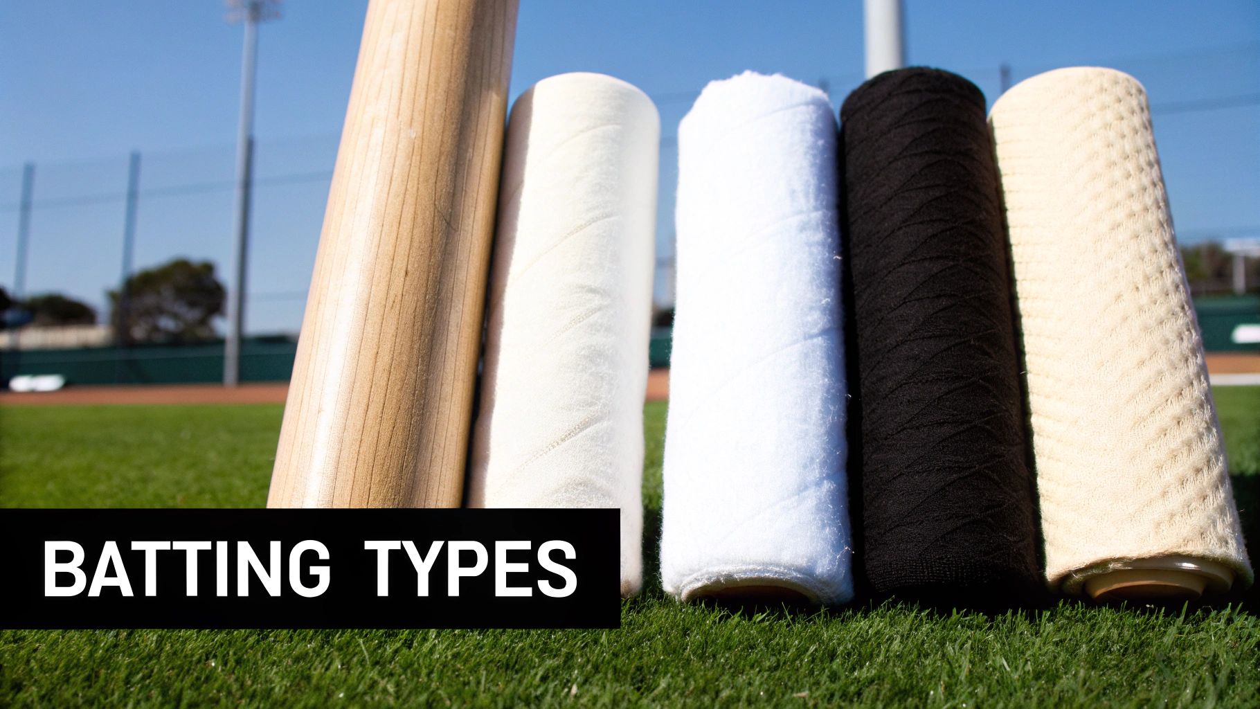 Various quilt batting types in rolls (white, black, cream) on green grass, next to a wooden baseball bat.