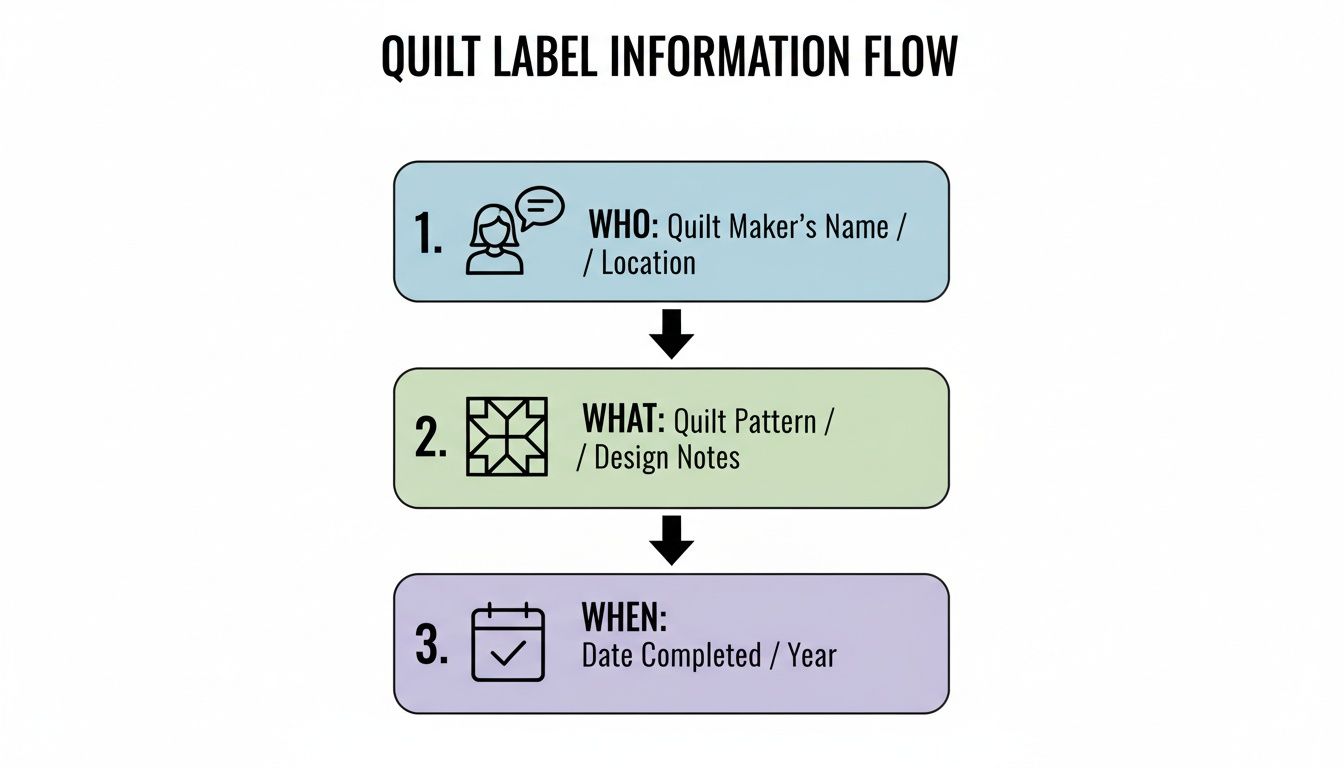 Flowchart detailing quilt label information: maker's name/location, quilt pattern/design notes, and completion date/year.