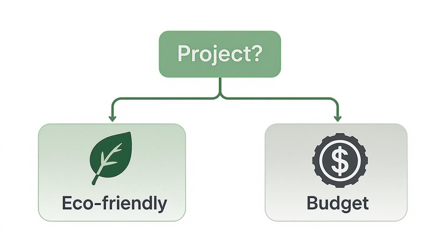 A flowchart asking 'Project?' leading to two options: 'Eco-friendly' (with a leaf icon) and 'Budget' (with a dollar sign icon).