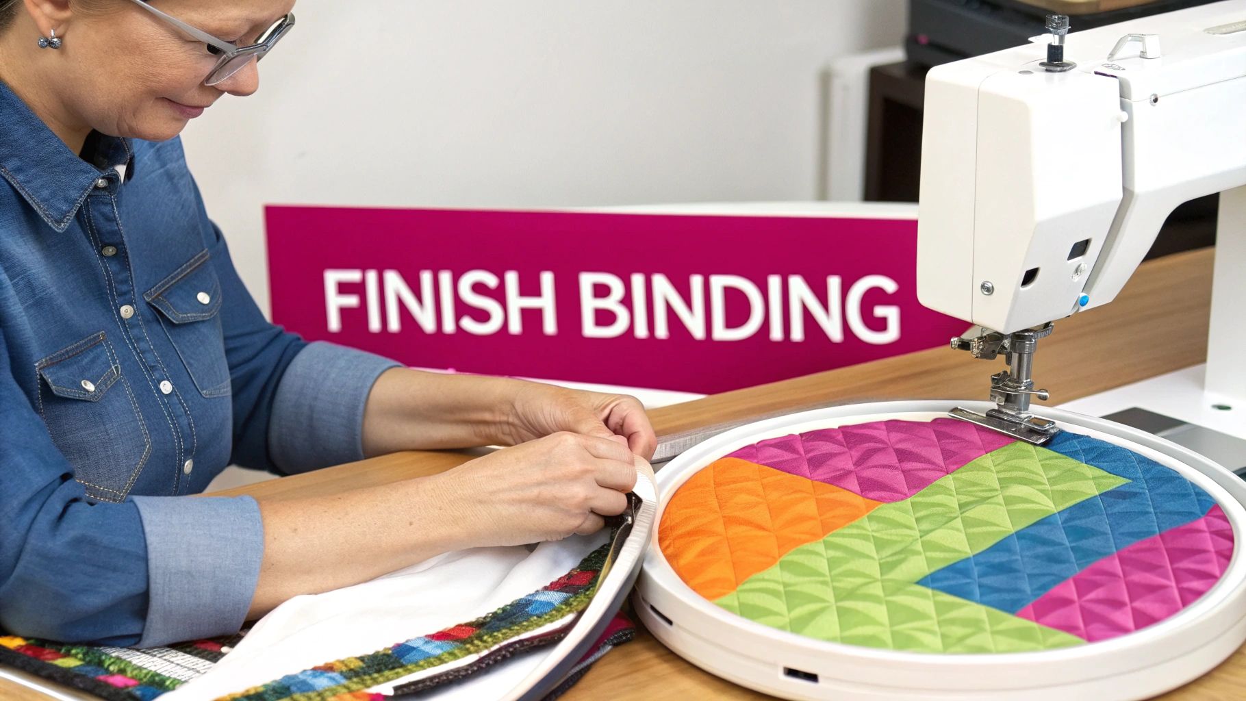 A quilt being finished on a sewing machine, showing the binding being applied.