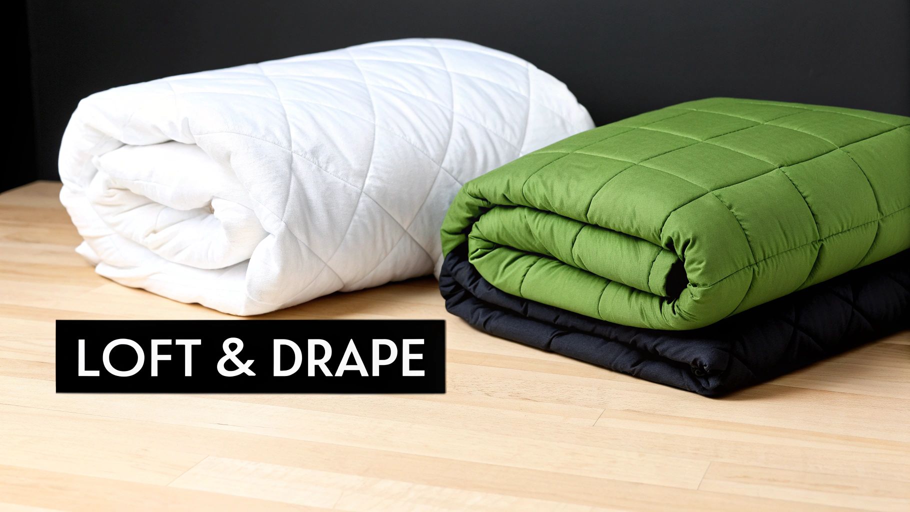 Three neatly folded quilts in white, green, and black displayed on a wooden surface, highlighting their texture and fullness.