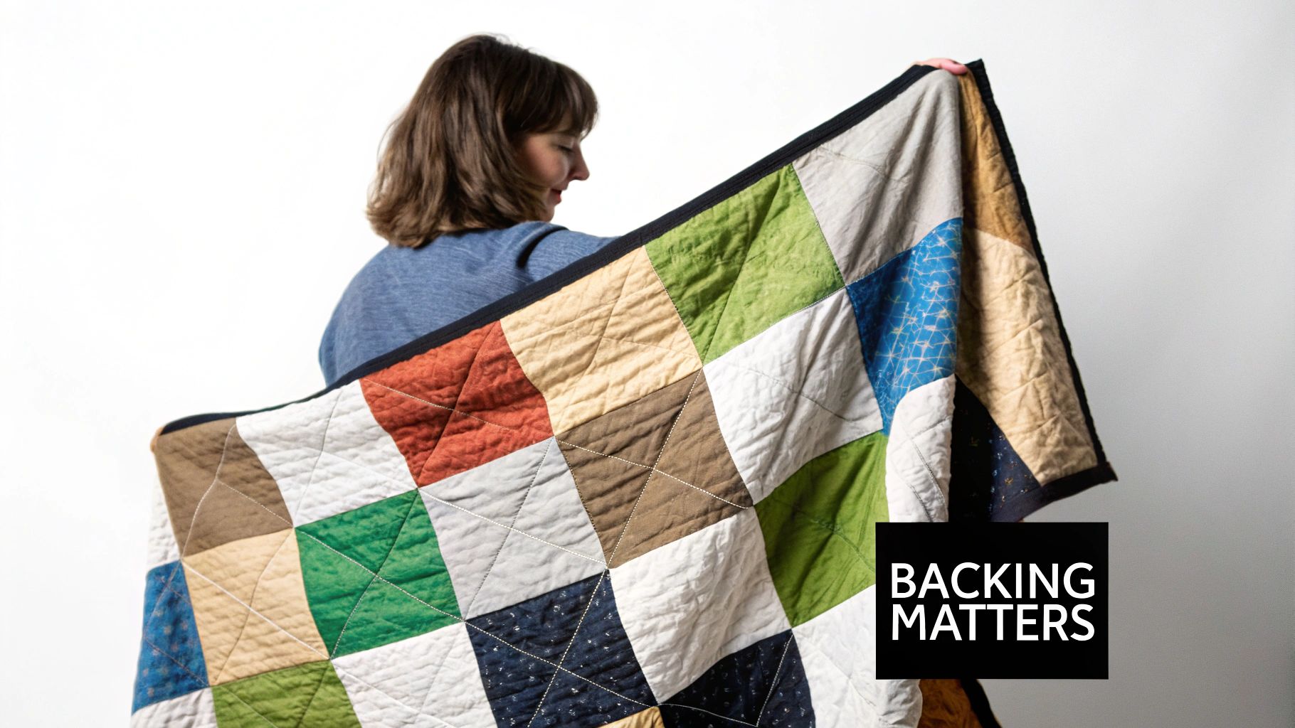 A woman holds up a vibrant, handmade patchwork quilt with colorful squares and diagonal stitching.