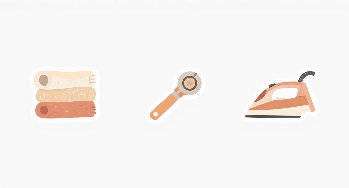 Infographic showing the quilting process flow from Fabric, to Cut, to Press.