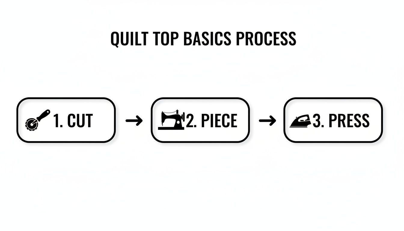 A three-step infographic showing the quilt top basics process: cutting with a rotary cutter, piecing with a sewing machine, and pressing with an iron.