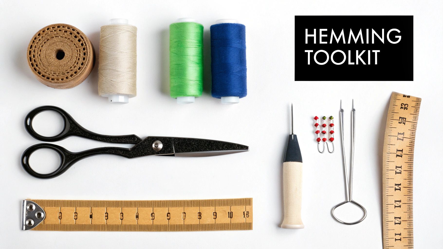 A close-up of a hand-hemming toolkit including fabric scissors, needles, thread, pins, and a measuring tape.