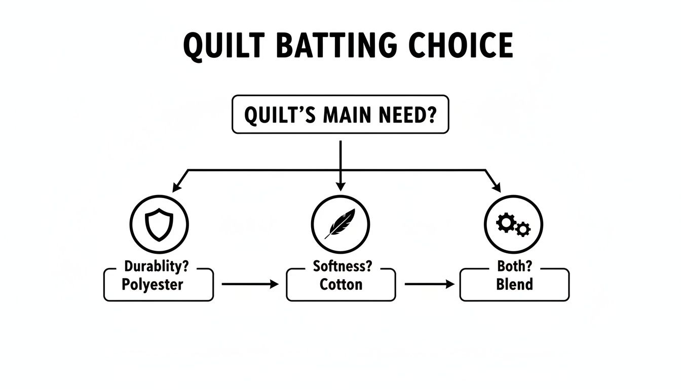 Flowchart for quilt batting choice: durability needs polyester, softness needs cotton, both need blend.