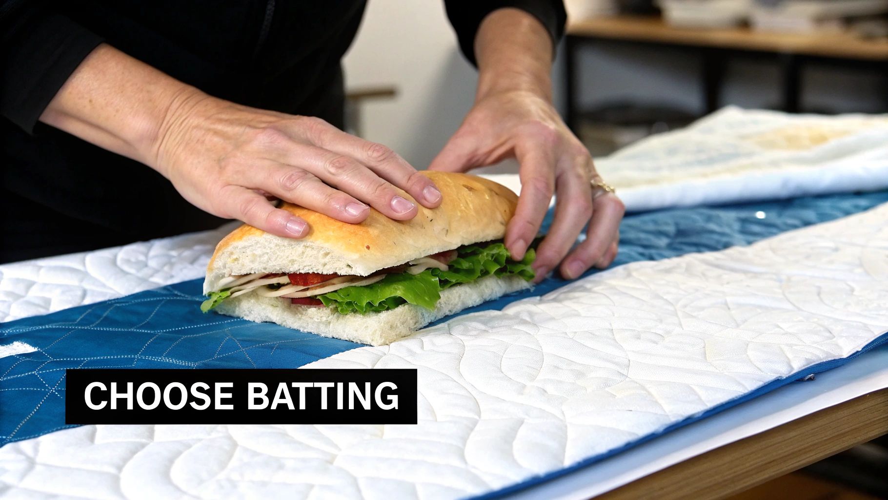 Hands carefully place a sandwich on quilted white and blue fabric, with the text 'CHOOSE BATTING'.