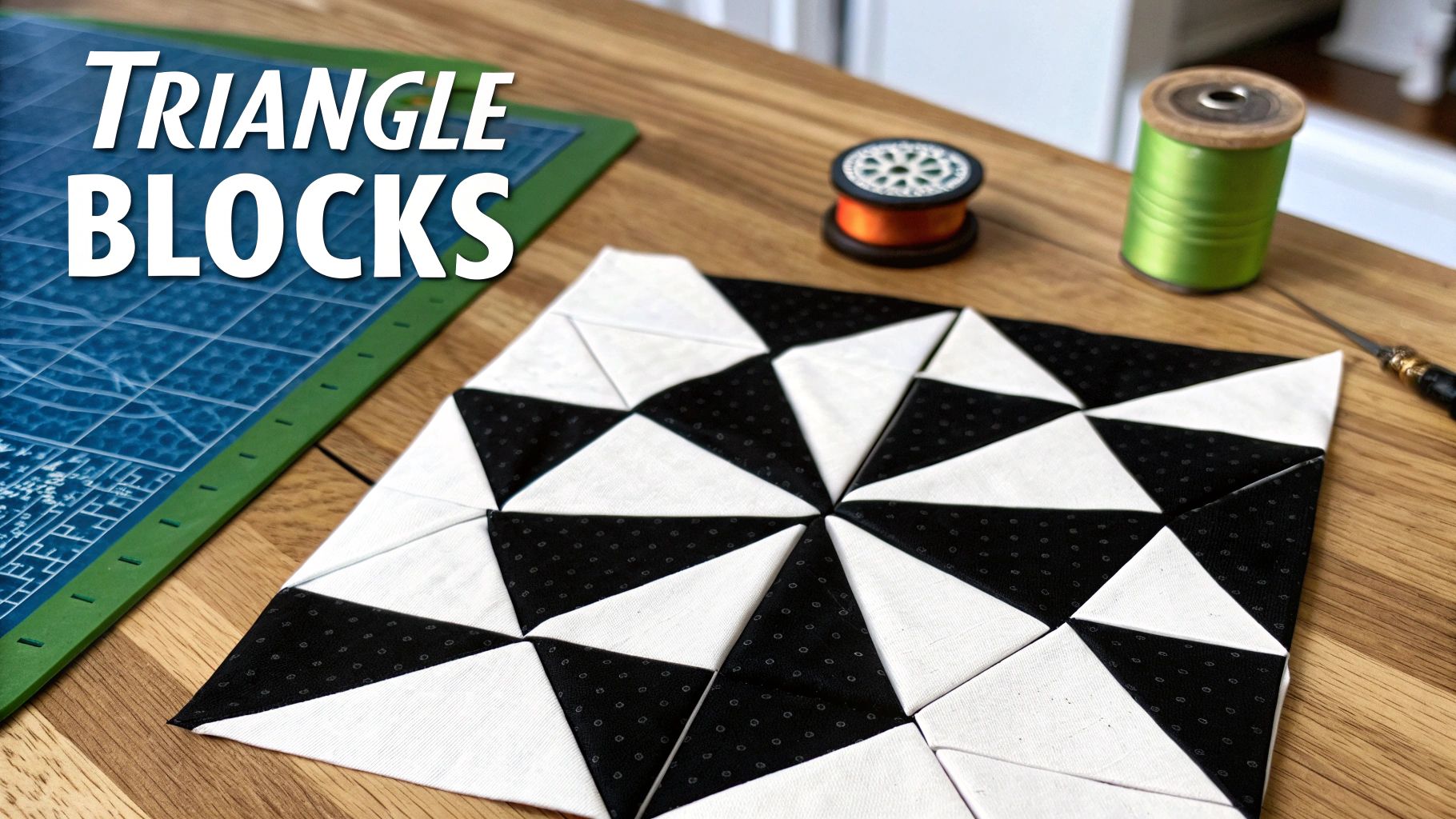 A black and white triangular quilt block with quilting mat, thread, and sewing tool on a wooden table.