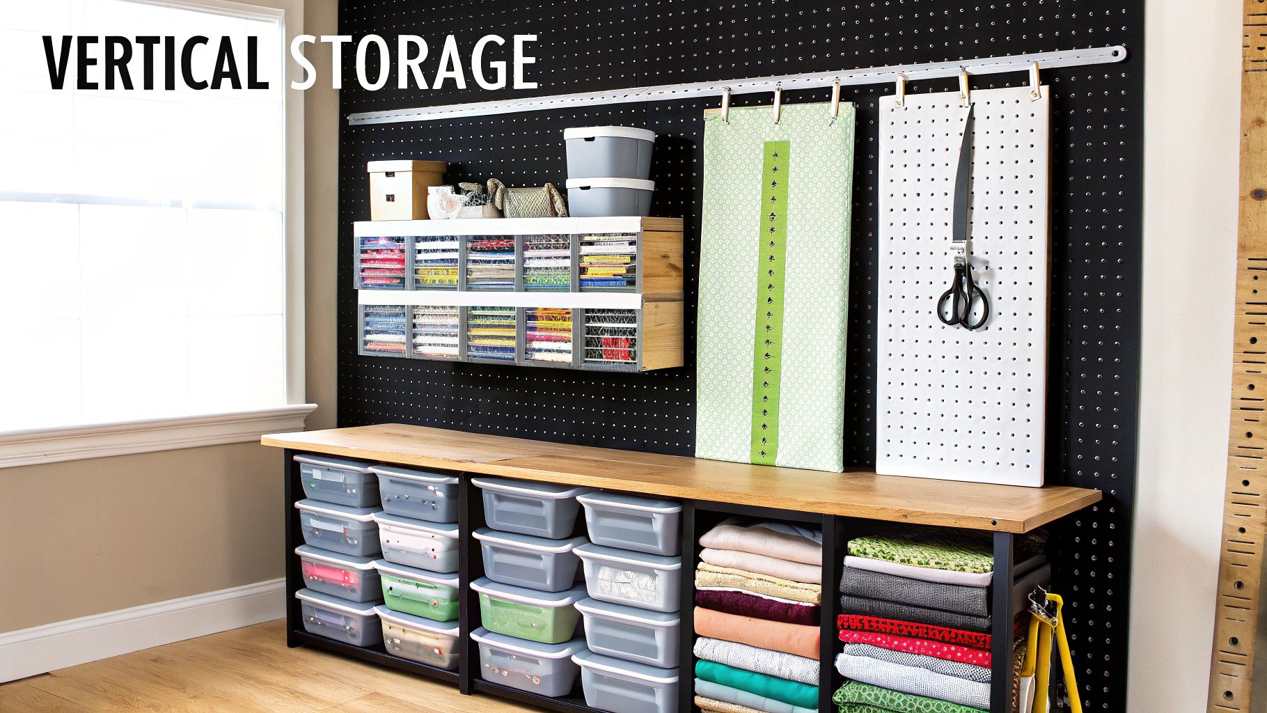 A well-organized craft room features vertical storage, a black pegboard wall, and clear storage bins.