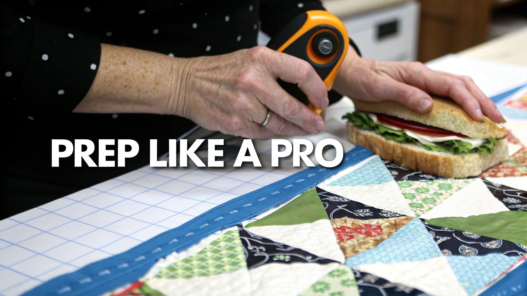 Hands use a rotary cutter on a quilting project, with a sandwich and 'PREP LIKE A PRO' text.