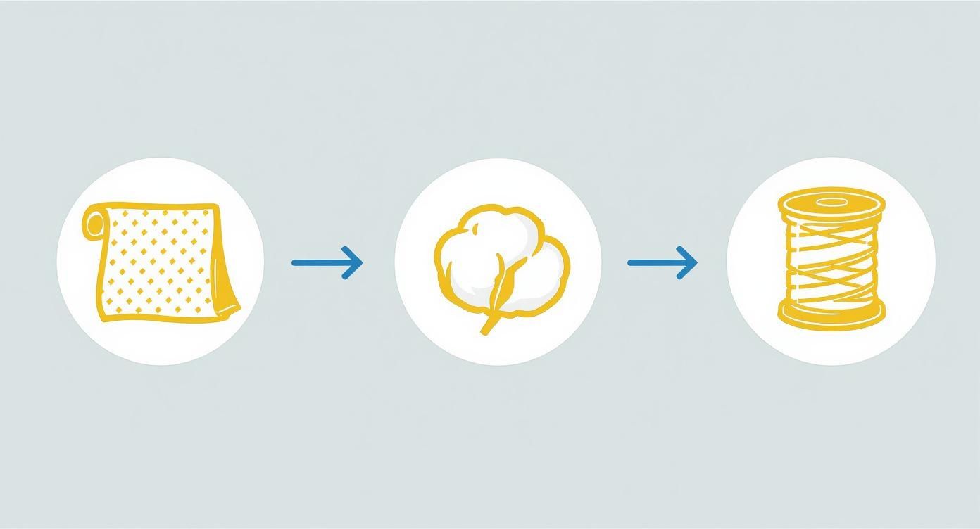Illustration showing the transformation process from a roll of fabric to cotton and finally to a spool of thread.